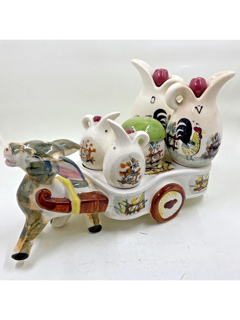 Vtg Ceramic Art Donkey Wagon Cart Condiment Caddy Figurine Rooster Farmhouse